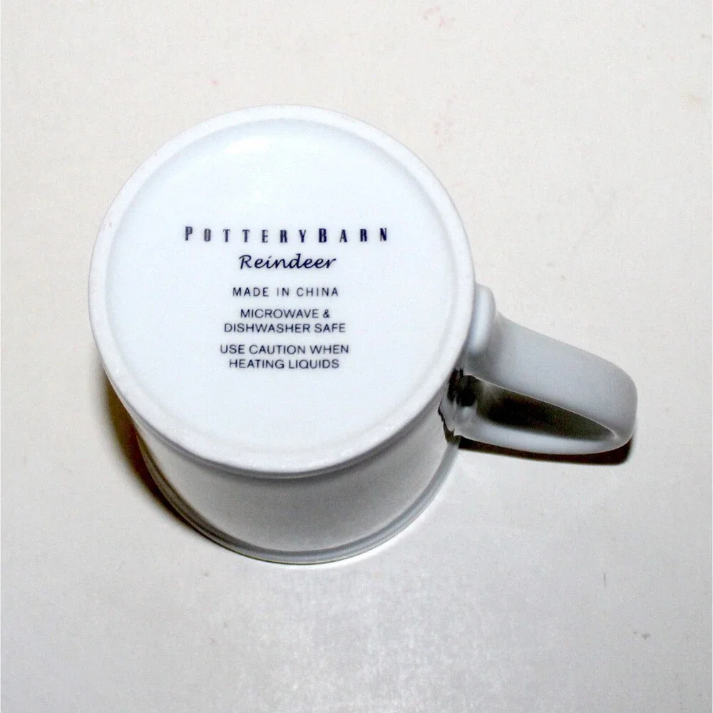 Pottery Barn coffee tea Mug Reindeer Prancer yoga white porcelain Christmas